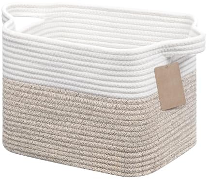 JOJOSEE Aufbewahrungskorb Geflochten 32 x 25 x 22,5cm Weiß & Braun | Faltbarer Korb Aufbewahrung mit Henkel, Storage Baskets aus Baumwolle, Kleiner Organizer für Spielzeug, Bücher & Accessoires