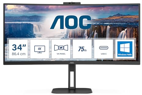 AOC CU34V5CW/BK 34 zoll Curved, UW-QHD USB Hub Monitor, 100Hz, VA Panel, 4ms GtG, , Webcam, FreeSync, Höhenverstellung,Lautsprecher,(3440x1440 HDMI 1x 2.0 DP 1x 1.2)Schwarz
