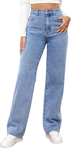 MANGGUO Damen-Jeans, hohe Taille, gerader Schnitt, gerade, Baggy, breite Beine, schlankmachend, mit Allen Hosen für Herbst und Winter, elastisch, klassisch, Denim(Hellblau, M)