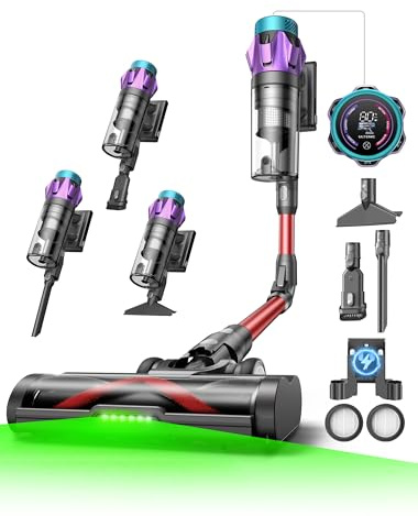Ultenic Akku Staubsauger 55000Pa/600W/80Min, 1,6L Staubsauger Kabellos mit Multi-Zyklon-Filtration, Touchscreen, Anti-Tangle-Bürste, Wandladestation, Selbststehend，für Tierhaare/Teppiche/Hartböden,Rot