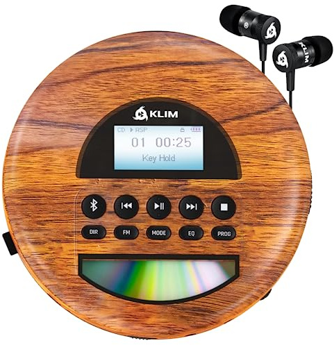 KLIM Nomad Wood – Neuheit – tragbarer CD-Player – integrierter Akku mit langer Lebensdauer – Kopfhörer KLIM Fusion, MP3, TF-Player, tragbares Mini-Radio, Bluetooth – für das Auto