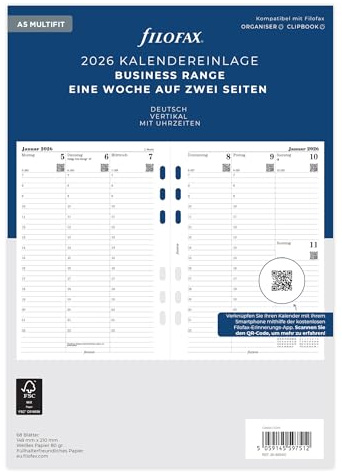 Filofax Kalender A5 Multi 1 Woche auf 2 Seiten (deutsch)2026