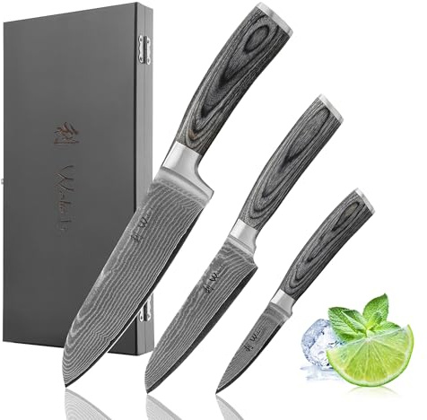 Wakoli EDIS 3-teiliges Messerset aus 67 Lagen Damaststahl mit VG10 Kern | Santoku, kleines Santoku, Officemesser; Pakkaholzgriffe, Holzbox, beidseitiger V-Schliff für Fleisch, Fisch, Obst und Gemüse