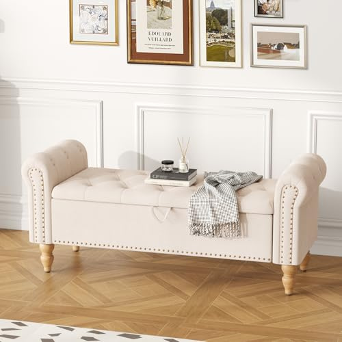 Ckaff Sitzbank mit Stauraum, Bettbank Aufbewahrungsbox Fußbank 132 x 45 x 53 cm, Polsterbank mit Beinen für Wohnzimmer Schlafzimmer Flur, Beige