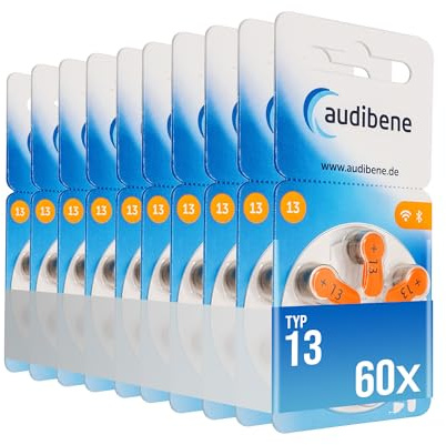 audibene Hörgerätebatterien Typ 13 orange, Batterien für Hörgeräte 60 Stück Vorratspack, Made in Germany, Wireless Approved, quecksilberfrei