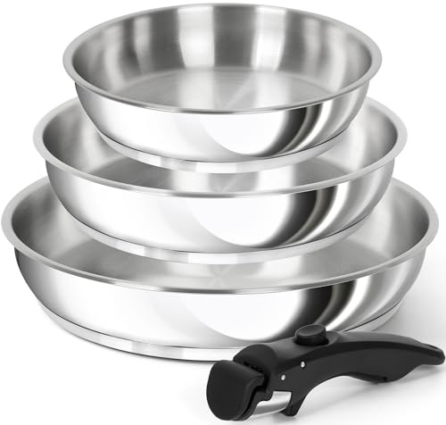 MICHELANGELO Edelstahl Pfannenset 3-teilig mit abnehmbarem Griff, platzsparend stapelbare Bratpfannen, ohne Beschichtung, induktionsgeeignet, 20,3/24,1/27,9 cm