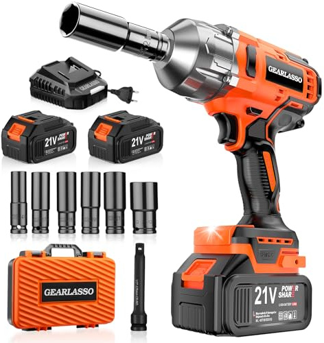 GEARLASSO 1300 Nm Akku-Schlagschrauber, 1/2 Zoll, 21V bürstenloser Schlagschrauber mit hohem Drehmoment, mit 2 x 4,0 Ah Akkus, 6 Steckdosen,für Radmuttern von Auto, Wohnmobil, LKW
