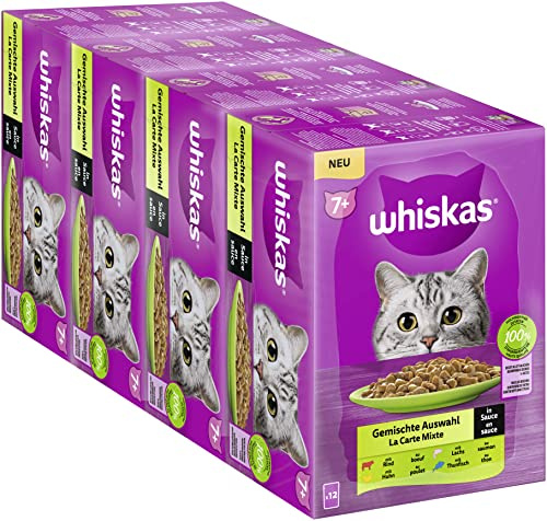 Whiskas Senior 7+ Katzennassfutter Gemischte Auswahl in Sauce, 48 Portionsbeutel, 12x85g (4er Pack) – Hochwertiges Katzenfutter nass, für Katzen ab 7 Jahren und älter