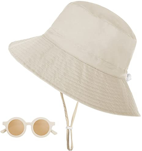 Jopee Sonnenhut Baby, UV Schutz UPF 50+ Breiter Krempe Fischerhut Kinder mit Sonnenbrille, Nackenschutz Bucket Hat mit Verstellbarem Kinnriemen, Strandhut für Mädchen, Junge - Beige, 6-24 Monate