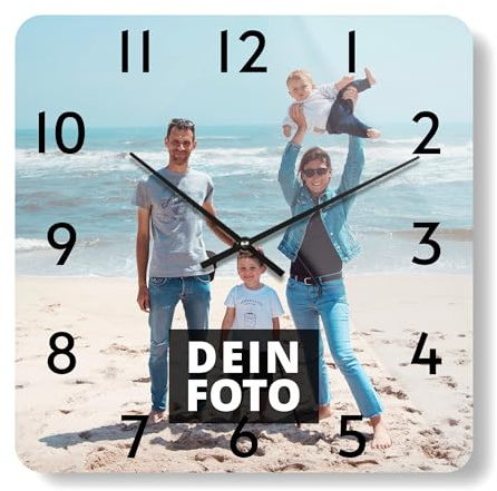PhotoFancy® - Uhr mit Foto Bedrucken - Fotouhr aus Acrylglas - Wanduhr mit eigenem Motiv selbst gestalten (35 x 35 cm eckig, Design: Klassisch schwarz/Zeiger: weiß)