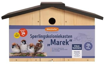 Welzhofer Sperlingskoloniekasten Marek, Nistkasten für Sperlinge und Spatzen, Sperlingskoloniehaus mit 3 Brutkammern aus Kieferholz, 34mm Einflugloch, Spatzenhaus leicht zu reinigen
