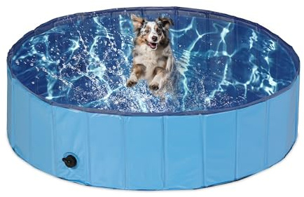 Relaxdays Hundepool, H x D: 30 x 120 cm, faltbar, mit Ablassventil, Hundeplanschbecken zur Abkühlung, PVC & MDF, blau