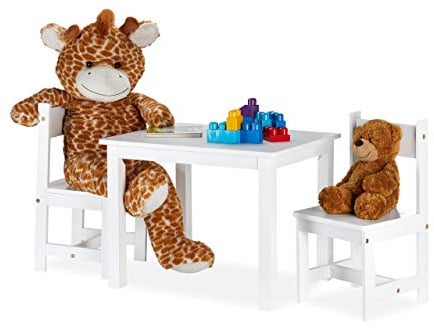 Relaxdays Kindersitzgruppe, Maltisch mit 2 Kinderstühlen, modern, Kinderzimmer, drinnen, Kindersitzecke aus MDF, weiß
