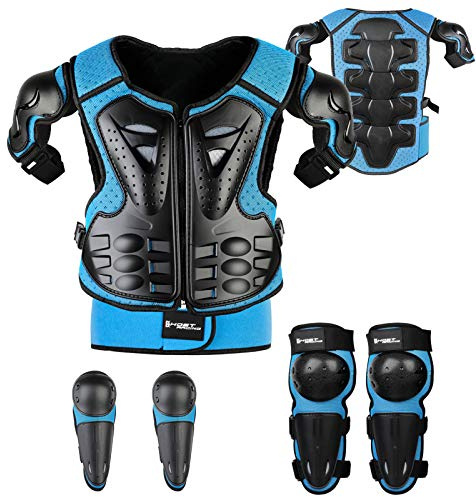JUSTDOLIFE Stück Motorrad Schutz Jacke,Kinder Motorrad rüstung mit Knieschoner Ellbogenschoner Brustpanzer Racing für Outdoor Sport - 4/6/8/10/12/14 Jahre (Blau)