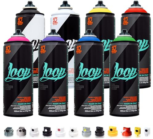 Betterrun LOOP Sprühdosen Set - Basic Farben - 8 x 400ml Acryllack + 10x Sprühaufsätze - Graffiti Spray Cans