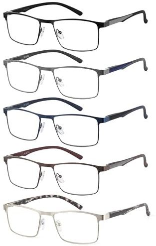 JM 5 Pack Lesebrille Herren, Rechteckig Blaulichtfilter Brille Herren, Metall Federscharniere Lesebrille mit Blaulichtfilter, 2,0 Dioptrien