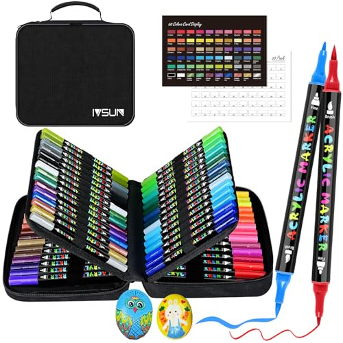 IVSUN 60 Farben Acrylstifte für Steine Wasserfest - Acrylmarker mit feine Spitze und Pinsel für Steine Bemalen Holz Leinwand Keramik Glas, 1-5mm Multimarker Acrylfarben Stifte Set