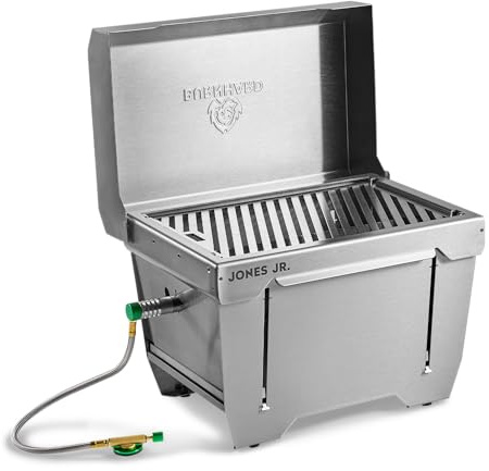BURNHARD® Camping Gasgrill JONES Jr. Edelstahl Klappgrill mit Deckel 1-Brenner 3,2 kW inkl. Transporttasche mit Rucksackfunktion und Multitool, Faltgrill ideal für Camping