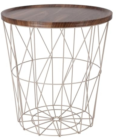 Spetebo Gitterkorb Beistelltisch aus Metall 39 cm - Creme - Korbtisch mit Holz Optik Tischplatte in braun - Deko Tisch klein mit Aufbewahrungskorb Couchtisch Kaffeetisch Dekotisch mit Staufach