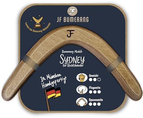 Boomerang Sydney | Erwachsene | Bumerang ab 12 J. | Handgefertigt in DE | Premium Holz mit 10 Schichten | Form vom Weltmeister | Rechtshänder