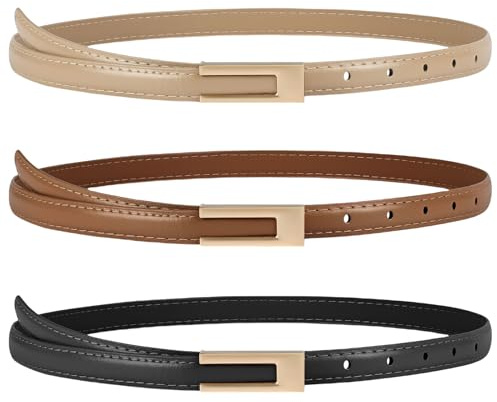 flintronic Ledergürtel Damen, Verstellbarer Schmaler Taillengürtel für Damen, Dünner Gürtel, Skinny Retro Taillengürtel, Klassisch Damengürtel für Kleider Hosen Jeans (Schwarz + Karamell + Khaki)