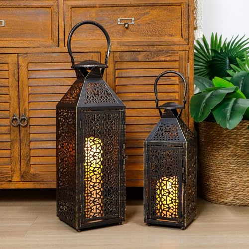 JHY DESIGN Set mit 2 Dekorative Kerzenhalter, 48&36 cm hoch, Marokkanische Kerzenhalter aus Metall mit Hohlmuster für Garten, Veranda, Innen Outdoor, Partys, Hochzeiten (Schwarz gebürstetes Gold)