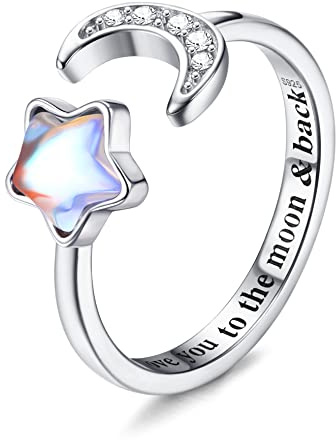 Krfy 925 Sterling Silber Verstellbare Ringe für Damen Mädchen Einstellbare Mondstein Opal CZ Offener Ring Ich Liebe Sie zum Mond&Zurück Ring Stapelbare Knuckle Versprechen Hochzeit Verlobungsringe