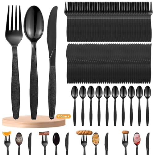 110 Stück Plastikbesteck Schwarz Set, Enthalten Plastikgabeln, Plastiklöffel, Plastik Messer, Party Besteck Plastik für Familienfeiern, Outdoor Dinner, wiederverwendbar Geschirr