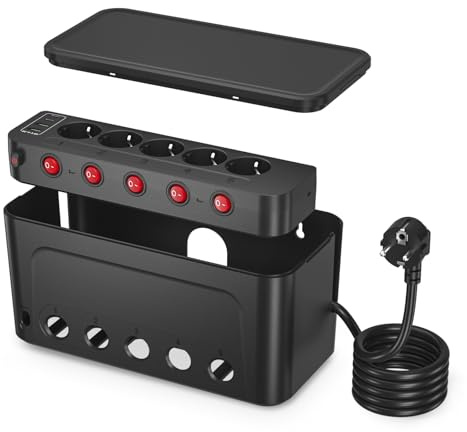 Kabelbox mit Steckdosenleiste Überspannungsschutz,5-Fach Mehrfachsteckdose | Kabel Organizer Box mit Steckerleiste Einzeln Schaltbar,5 Steckdose 4 USB,Große Kabelmanagement Box 1,5M Kabel,Schwarz