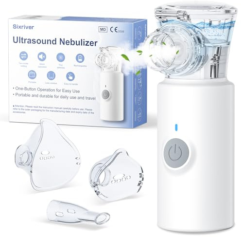 Inhalationsgerät, Sixriver Leiser Tragbarer Inhalationsgerät für Erwachsene und Kinder, Partikelgröße 1-5µm, Einstellbarer Sprühnebel, USB Aufladbarer Inhalator mit 2 Masken und 1 Mundstück, Weiß