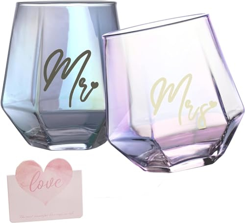 Irisierende Mr and Mrs Weingläser Geschenke, Hochzeitsgeschenke, Verlobungsgeschenke für Paare, Bridal Shower Geschenk, Jahrestag Geschenk für seine und ihre, Geschenke für Braut und Bräutigam