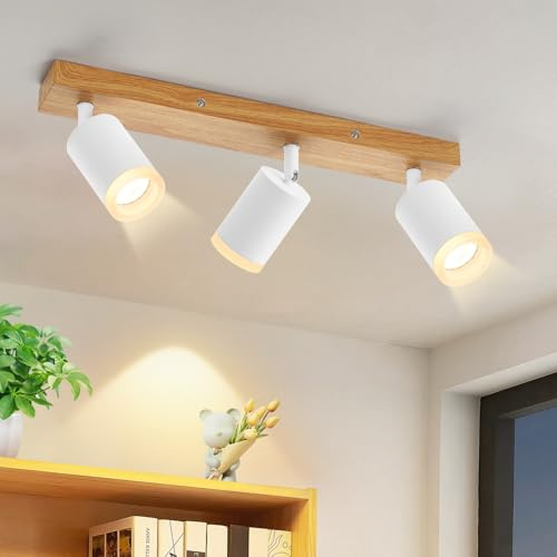 ZMH LED Deckenspot 3-flammig – Weiß GU10 Holzleuchte | 350° drehbar, Vintage Retro-Stil, Wohnzimmer, Schlafzimmer, Küche, Flur, ohne Leuchtmittel