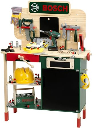 Theo Klein 8734 Bosch Holzwerkbank I Robuste Kinderwerkbank, höhenverstellbar I Elektr. Akkuschrauber, Werkzeuge mit Licht und Sound I Spielzeug für Kinder ab 3 Jahren