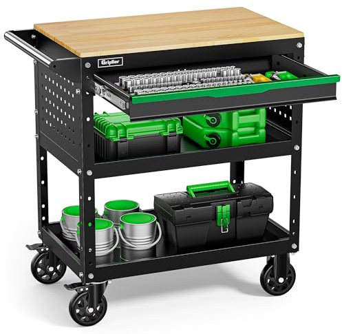 Griplier 3-Tier Rolling Werkzeugwagen mit Schublade, Holzarbeitsplatte，150KG Tragfähigkeit,82 x 48 x 90cm für Lager Garage Garten Werkstatt