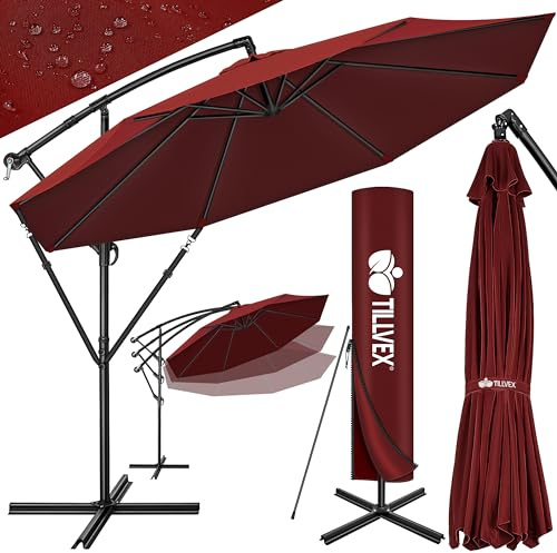 tillvex Alu Sonnenschirm + Abdeckung Ø 300 cm mit Kurbel | Ampelschirm mit Ständer & Windschutz | Gartenschirm UV-Schutz Aluminium | Kurbelschirm Marktschirm wasserdicht 360° drehbar Rot