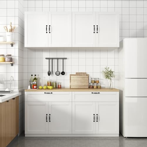 Caldion Küchenzeile Küchenschränke mit Schubladen,Buffetschrank mit Türen,Küchenunterschrank mit Arbeitsplatte,Hängeschrank mit Verstellbare Einlegböden Weiß für Küche