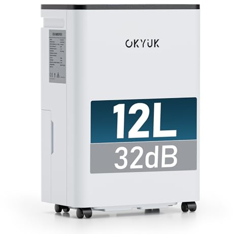 OKYUK Luftentfeuchter Elektrisch 12L mit Digitaler Luftfeuchtigkeitsanzeige, 32dB Leiser 30m², mit automatischer Abschaltung, für Wohnmobil, Badezimmer, Keller,1 J. Umtausch/10 J. Garantie (12L Weiß)