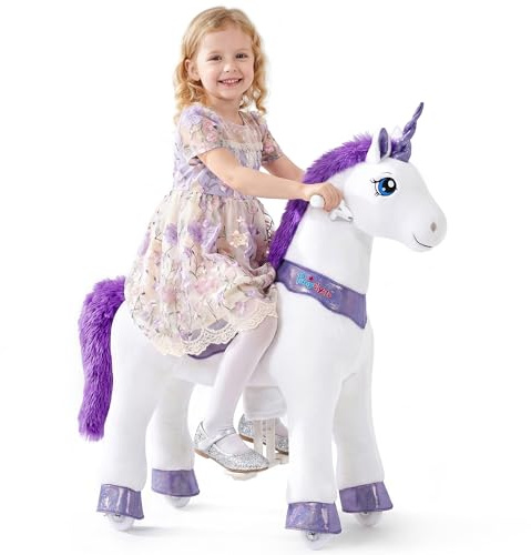 PonyCycle® Modell E Einhorn zum Reiten | Lila | 4-7 Jahre | mit Bremse | Reit-Einhorn für Kinder, beweglicher Sattel, Handbremse, leise Räder, Indoor & Outdoor, Größe 4