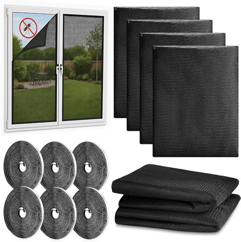 Mexgcom 6 Stück Fliegengitter Fenster, 130 x 150cm Insektenschutz Fenster mit Klettband Selbstklebend, Moskitonetze für Fenster schützen die Familie vor Insekten (Schwarz)