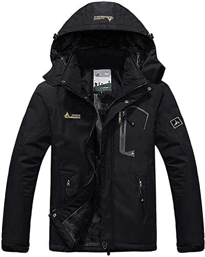 Memoryee Herren Ski Jacke Warmer Gefüttert Winter Fleece Mantel Wasserdichter mit Abnehmbarer Kapuze Outdoorjacke/Black/L