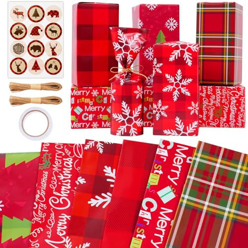 Zindoo Geschenkpapier Weihnachten 6 Blatt 50x70cm Rot mit Motiven | Festliche Gestaltung mit Aufklebern und dekorativer Schnur – ideal zum liebevollen Verpacken von Präsenten in der Winterzeit