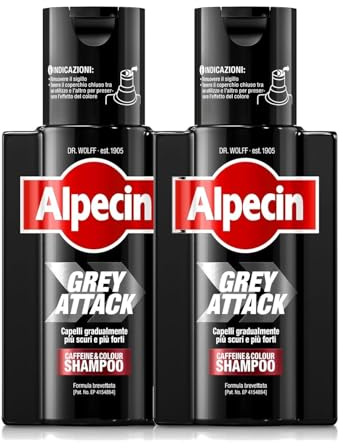 Alpecin Grey Attack Coffein & Color Shampoo, 2 x 200 ml – Gegen graue Haare - Natürliches Farbergebnis ab 2-4 Wochen - Erblich bedingtem Haarausfall wird vorgebeugt