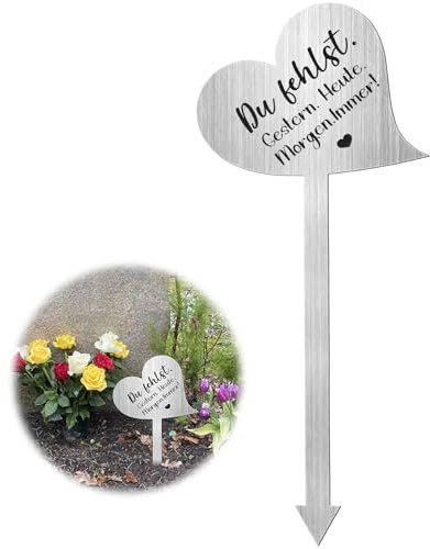 Capgoost Grabschmuck Wetterfest, 28 cm Grabstecker, Herz Grabstecker Edelstahl mit Spruch Du Fehlst. Gestern. Heute. Morgen. Immer! Grabdekoration Wetterfest Grabgestecke Grabschmuck zum Andenken