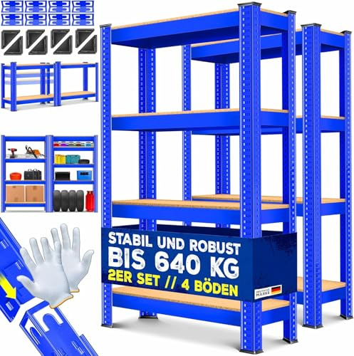 MASKO® 2er-Set Lagerregal Schwerlastregal, Kellerregal, 160 x 80 x 40 cm, bis 700 kg belastbar, 4 verstellbare Ablagen, MDF-Platten Regal aus Metall, Steckregal, Werkstattregal, Keller, Garage Blau