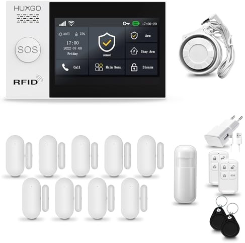 HUXGO® HXA007 Funk Alarmanlage Set WiFi + GSM mit Sirene | Alarm System mit Bewegungsmelder, 9X Tür- Fenstersensor | Smart Home Security
