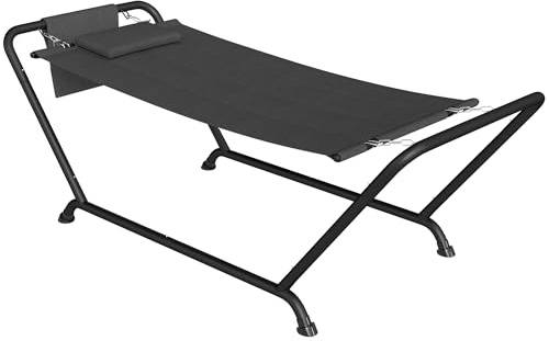 Outsunny Hängematte mit Gestell 237 x 90 cm Stabhängematte Dunkelgrau | Mit Seitentasche, Kopfstütze, Metallrahmen, Bis 150 kg, für Indoor & Outdoor, Garten, Balkon, Terrasse