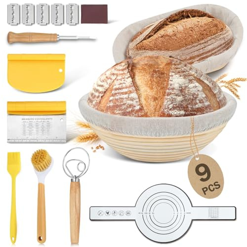 BEWOS 9-teiliges Gärkörbchen für Brot, 25 Cm Gärkorb Oval und 23 Cm Gärkorb Rund, aus Naturrattan, mit Bürste, Der Schaber und Leinenbezug, Für die Gärung von Teig