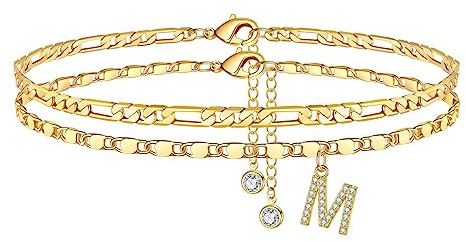 TINGN Fußkettchen für Damen, 14K Vergoldet/Silebr CZ Buchstabe Fussketten für Frauen Fußkettchen Verstellbar Doppelte Fußketten Stabil Figarokette Fußkette Frau Mädchen Tochter Freundin Geschenk