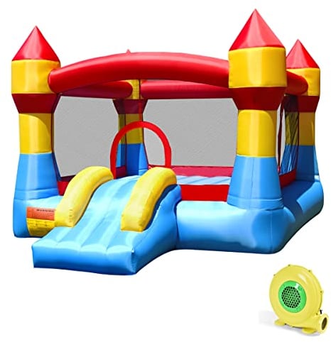 COSTWAY Hüpfburg mit 450W Gebläse, Rutsche und großem Sprungbereich, Kinder Springburg für Indoor & Outdoor, inkl. Tragetasche, Reparaturset, 370 x 280 x 230 cm