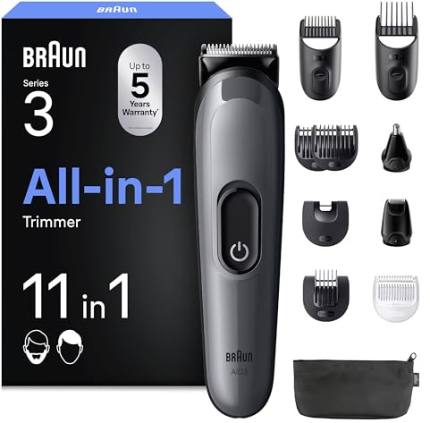 Braun All-in-One Trimmer-Set 3, 11-in-1 Multigroom, Barttrimmer, Nasenhaartrimmer, Haarschneidemaschine für Gesicht und Kopf, 50 Min Akku, 14 Längen (3–21 mm), AIO3565, Grau